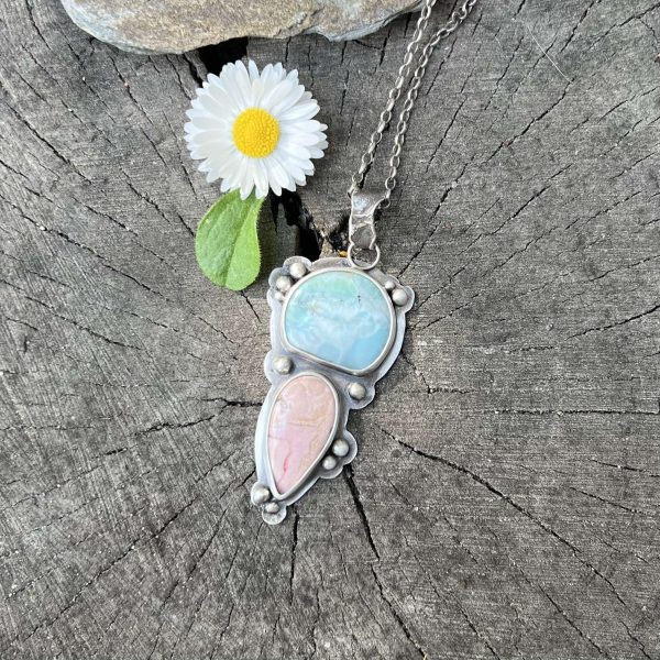 Rodochrozyt i larimar wisior