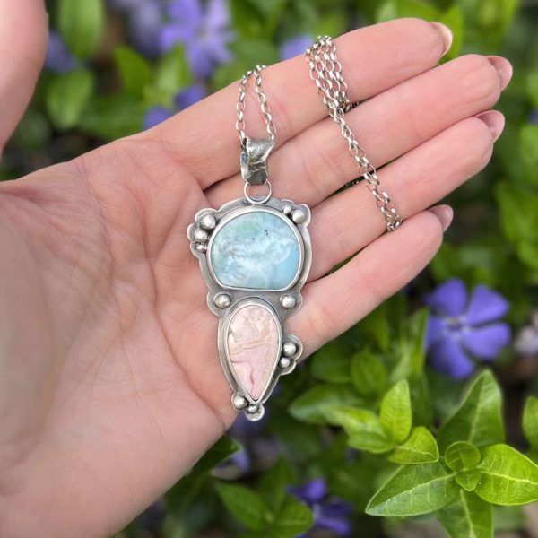 Rodochrozyt i larimar wisior