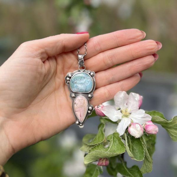 Rodochrozyt i larimar wisior